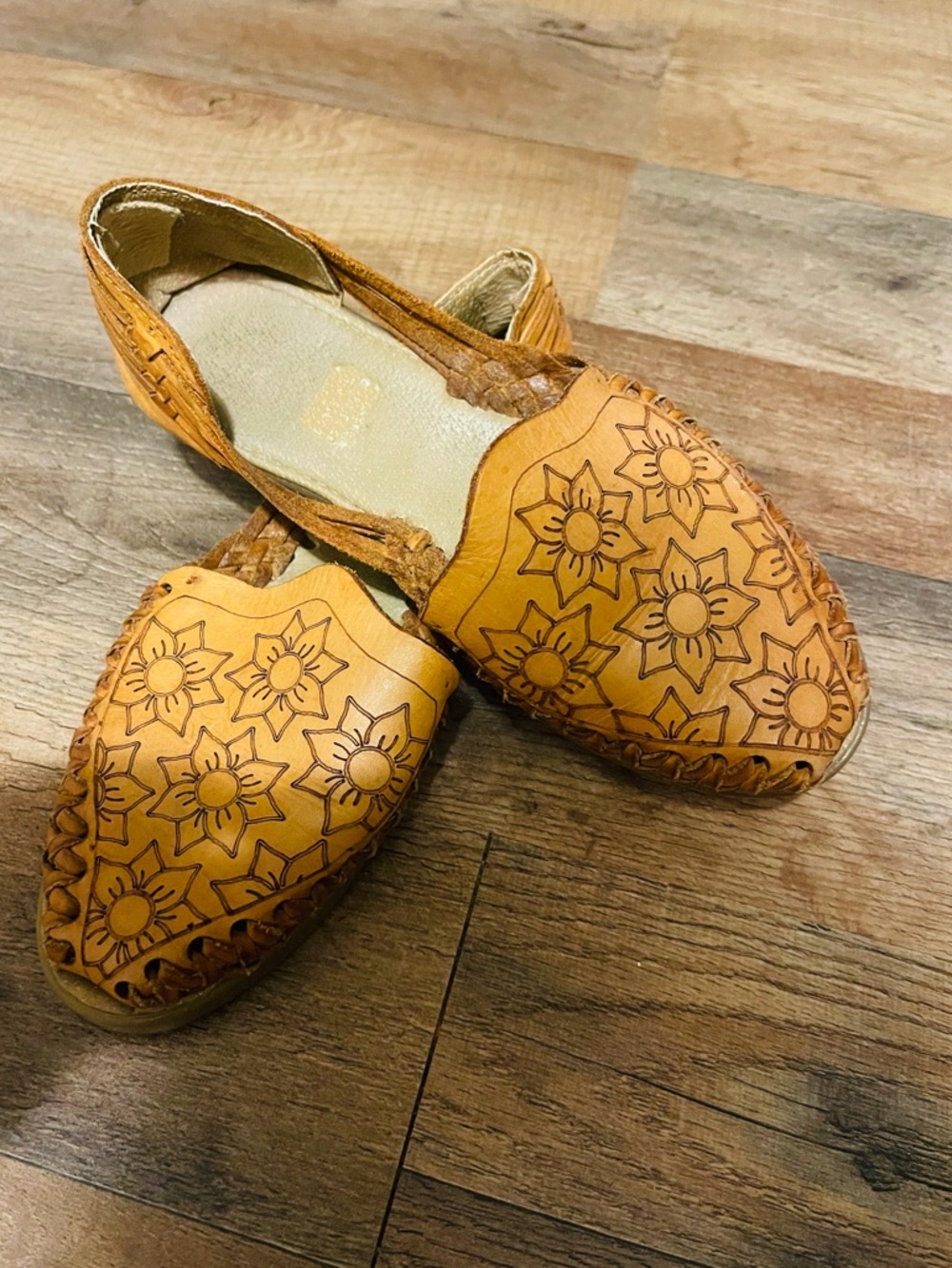 Free People Tan Floral-Tooled Leather Slip-On Moccasins